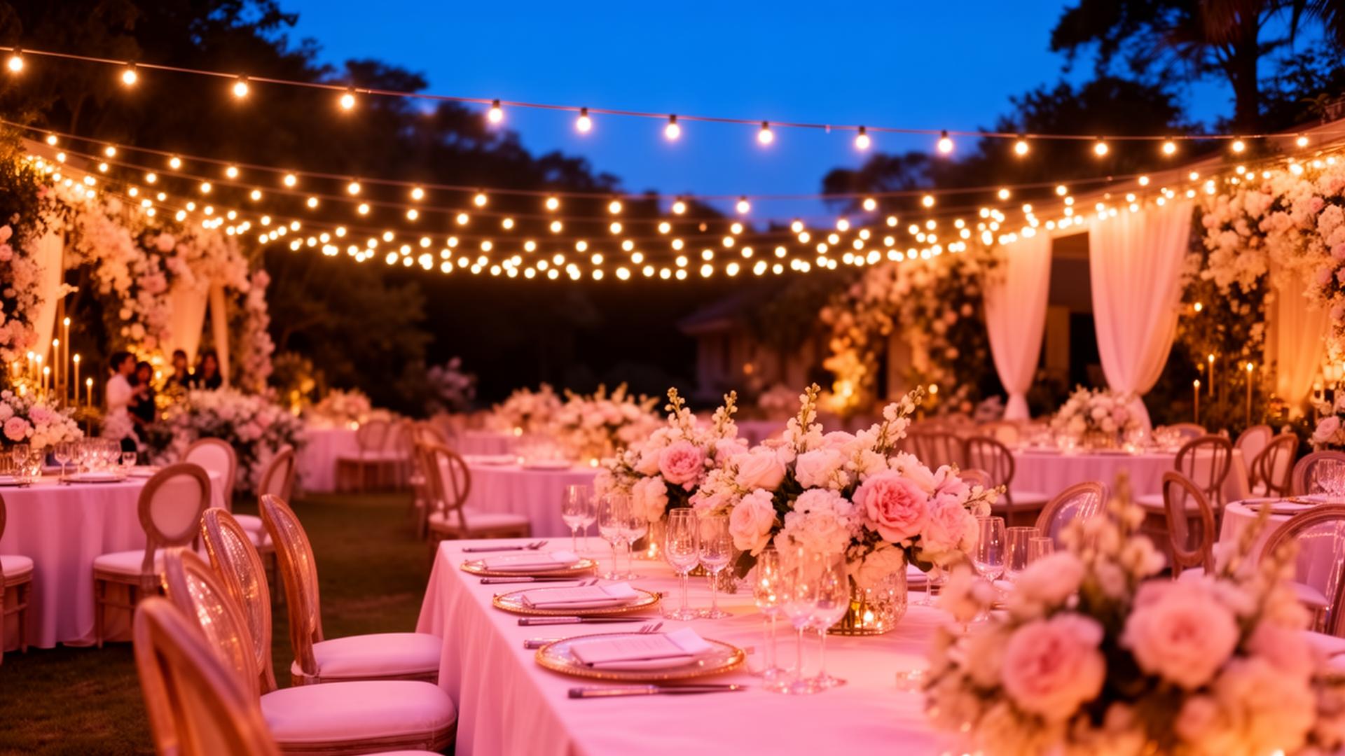 Festa elegante decorada com luzes e flores